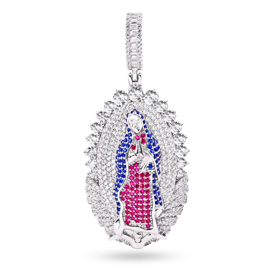 Rhodium Plated 925 Sterling Silver Our Lady of Guadalupe Clear Red and Blue CZ Pendant - SLP00421