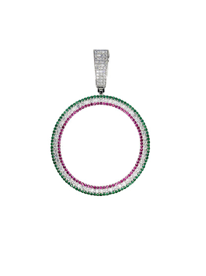 Rhodium Plated 925 Sterling Silver Coin Bezel Clear Studded Red Green and Clear CZ Pendant - SLP00435