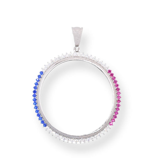 Rhodium Plated 925 Sterling Silver Bezel for Coin Clear Blue and Red CZ Pendant - SLP00443