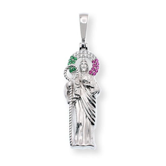 Rhodium Plated 925 Sterling Silver Saint Jude Clear Green Red CZ 11.5mm x 31mm Pendant - SLP00445