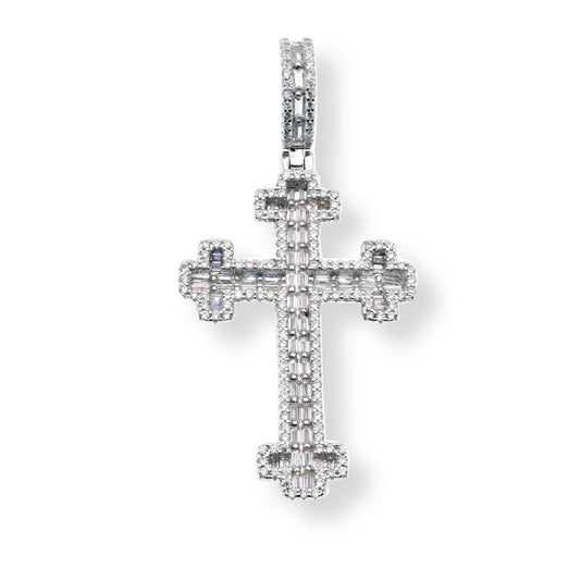 Rhodium Plated 925 Sterling Silver Cross Crosslet Baguette and Round Clear CZ 25mm x 35.8mm Pendant - SLP00446