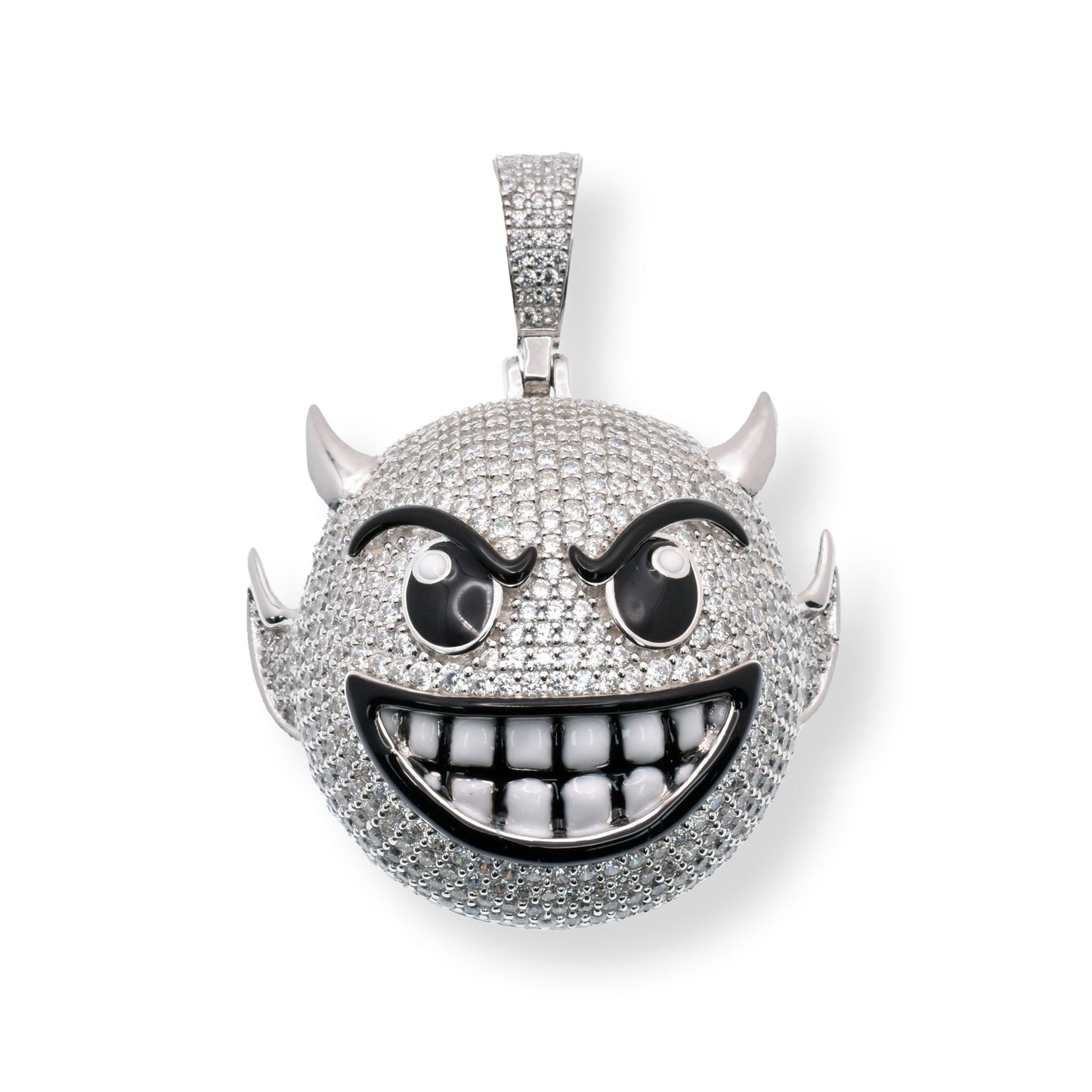 Rhodium Plated 925 Sterling Silver Devil Emoji Black Enamel Clear CZ 33.1mm x 29.8mm Pendant - SLP00455