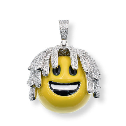 Rhodium Plated 925 Sterling Silver Dreadlocks Smiley Yellow and Black Enamel Clear CZ 35.2mm x 31mm Pendant - SLP00180