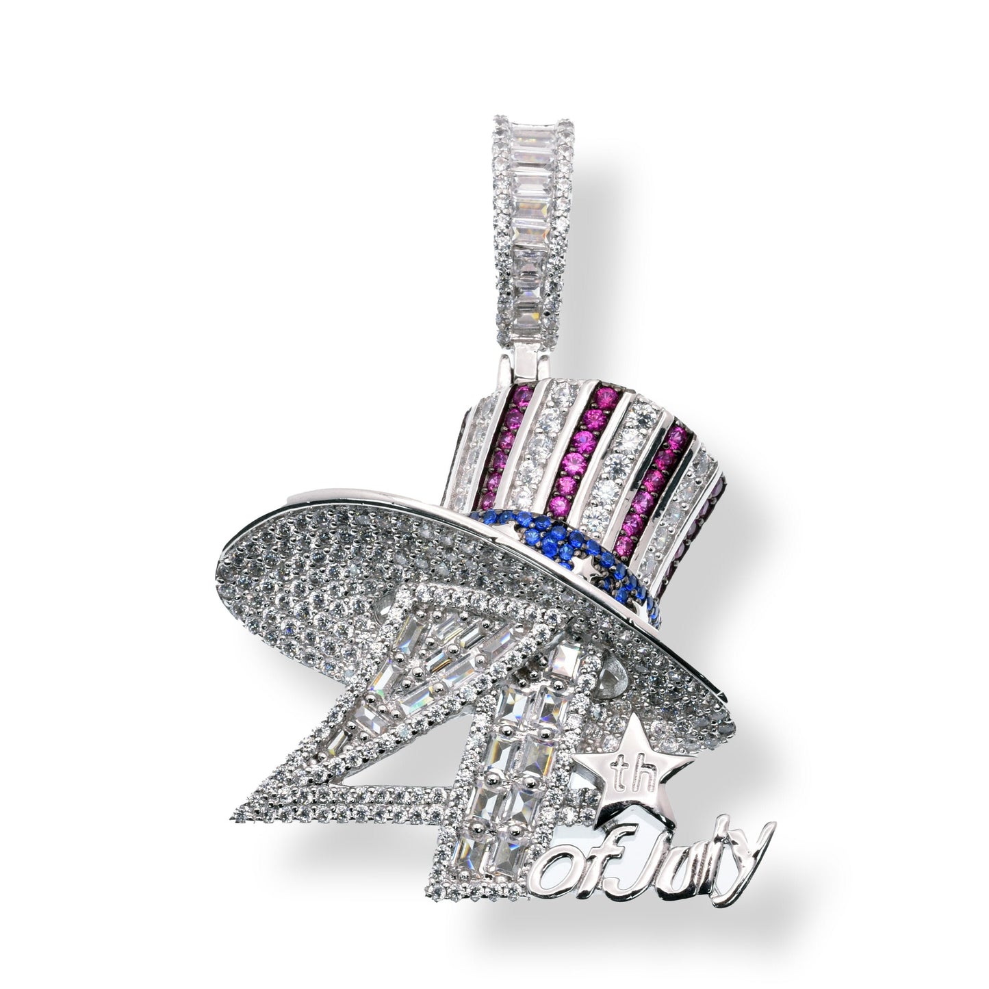 Rhodium Plated 925 Sterling Silver Fourth of July Hat Baguette and Round Clear Red and Blue CZ 36.5mm x 31.6mm Pendant - SLP00001