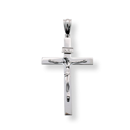 Rhodium Plated 925 Sterling Silver Diamond Cut Jesus Cross 24.6mm x 37.8mm Pendant - SLP00016