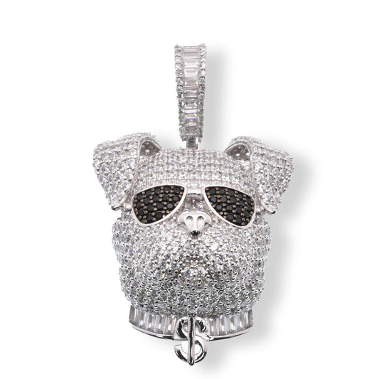 Rhodium Plated 925 Sterling Silver Bulldog on Sunglasses Dollar Sign Baguette and Round Black Clear CZ 31.3mm x 36.3mm Pendant - SLP00097