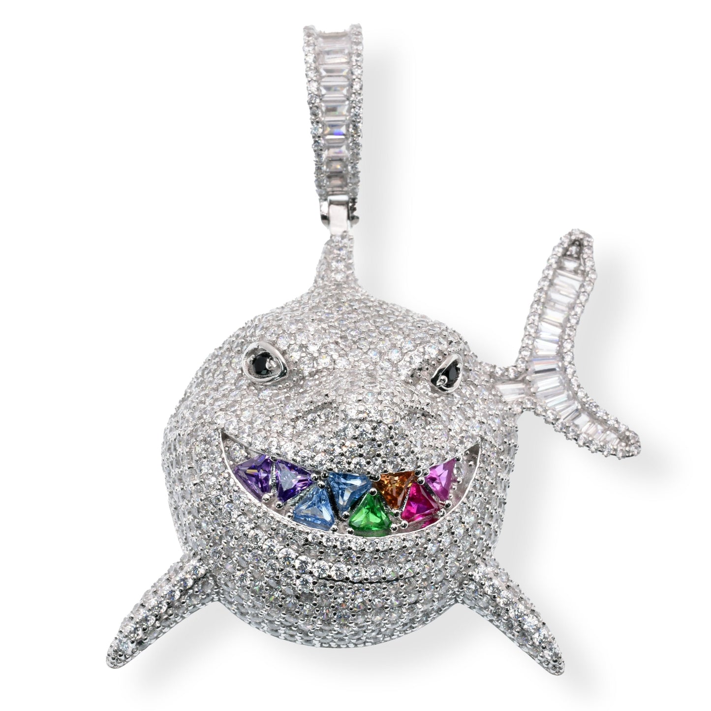 Rhodium Plated 925 Sterling Silver Shark Attack Baguette and Round Multi Color CZ 43.1mm x 44.1mm Pendant - SLP00311