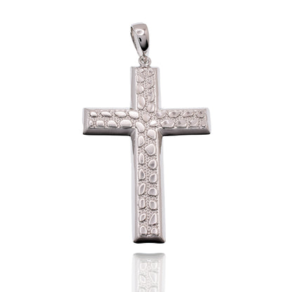 Rhodium Plated 925 Sterling Silver Nugget Cross 35.5mm x 53mm Pendant - SLP00478