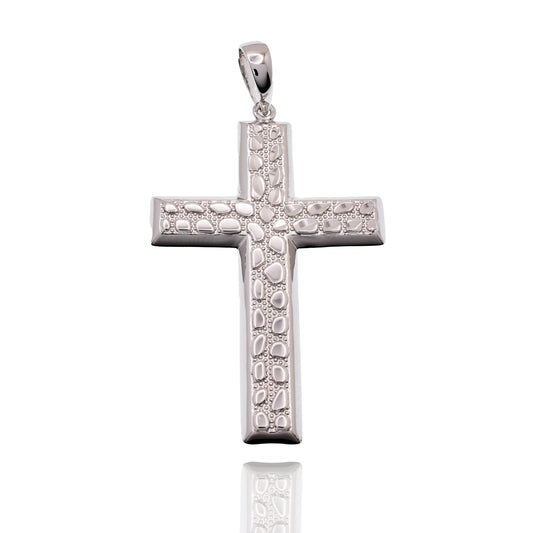 Rhodium Plated 925 Sterling Silver Nugget Cross 35.5mm x 53mm Pendant - SLP00478