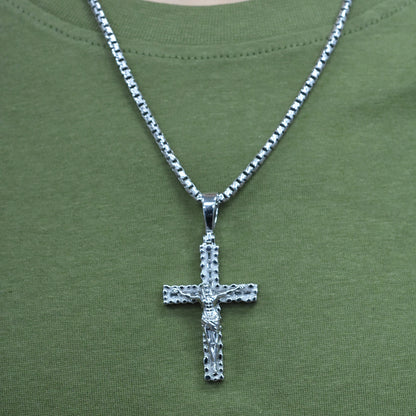 Rhodium Plated 925 Sterling Silver Nugget Crucifix Cross Baguette Clear CZ 29mm x 41mm Pendant - SLP00489