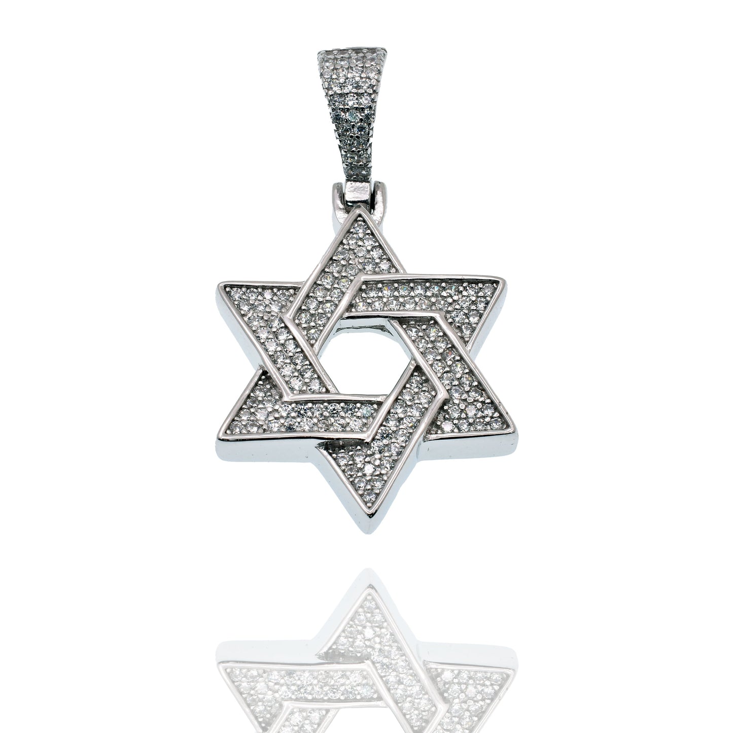 Rhodium Plated 925 Sterling Silver Star Of David Iced Out Clear CZ 23mm Pendant - SLP00491