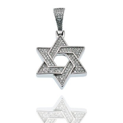 Rhodium Plated 925 Sterling Silver Star Of David Iced Out Clear CZ 23mm Pendant - SLP00491