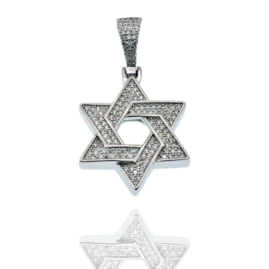 Rhodium Plated 925 Sterling Silver Star Of David Iced Out Clear CZ 23mm Pendant - SLP00491