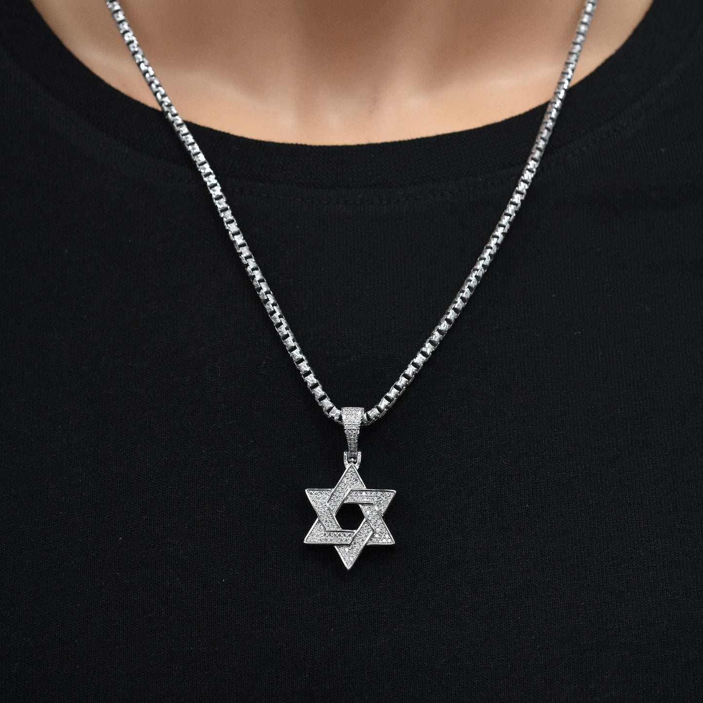 Rhodium Plated 925 Sterling Silver Star Of David Iced Out Clear CZ 23mm Pendant - SLP00491