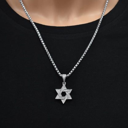 Rhodium Plated 925 Sterling Silver Star Of David Iced Out Clear CZ 23mm Pendant - SLP00491