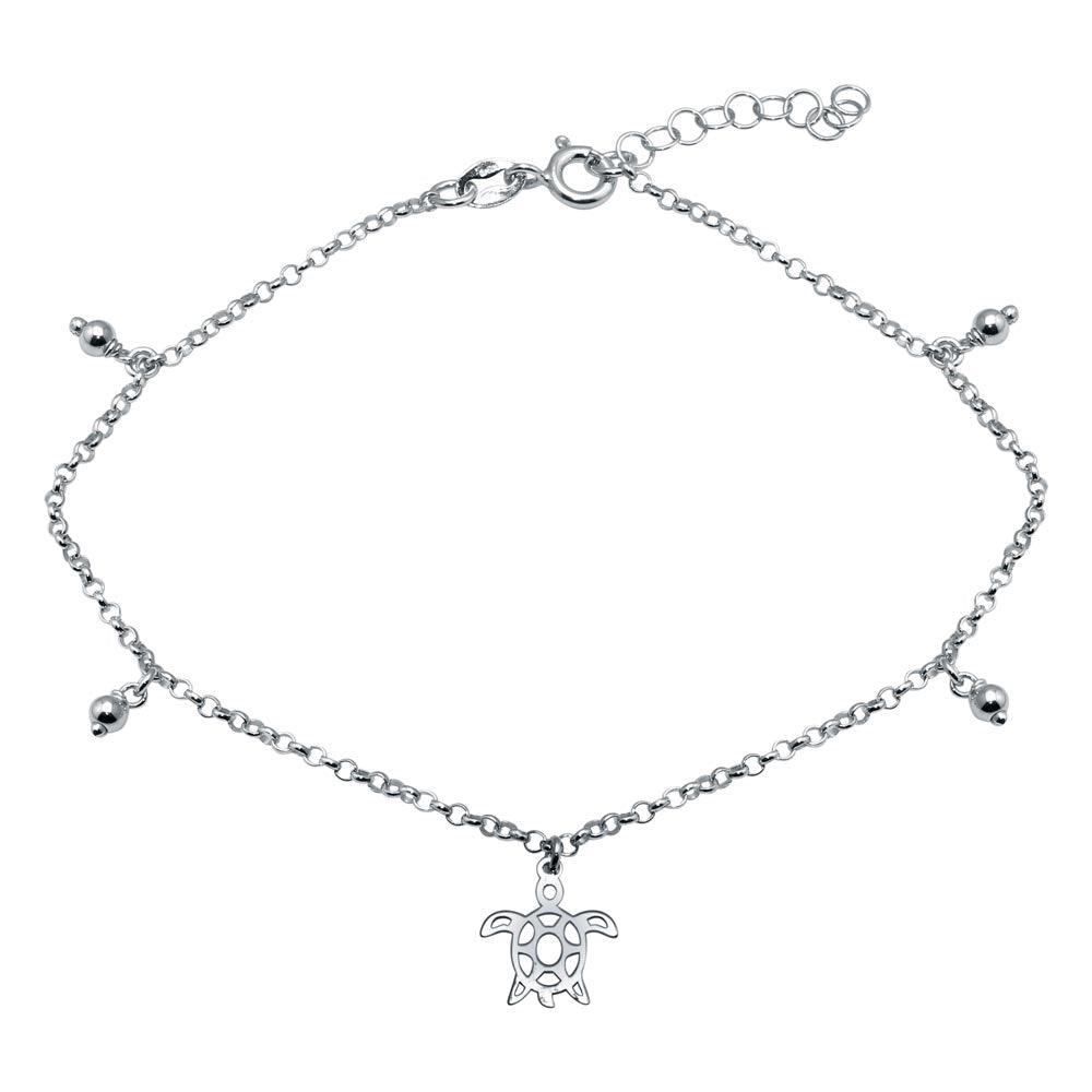 Silver 925 Rhodium Plated Turtle Charm Anklet - SOA00018 | Silver Palace Inc.