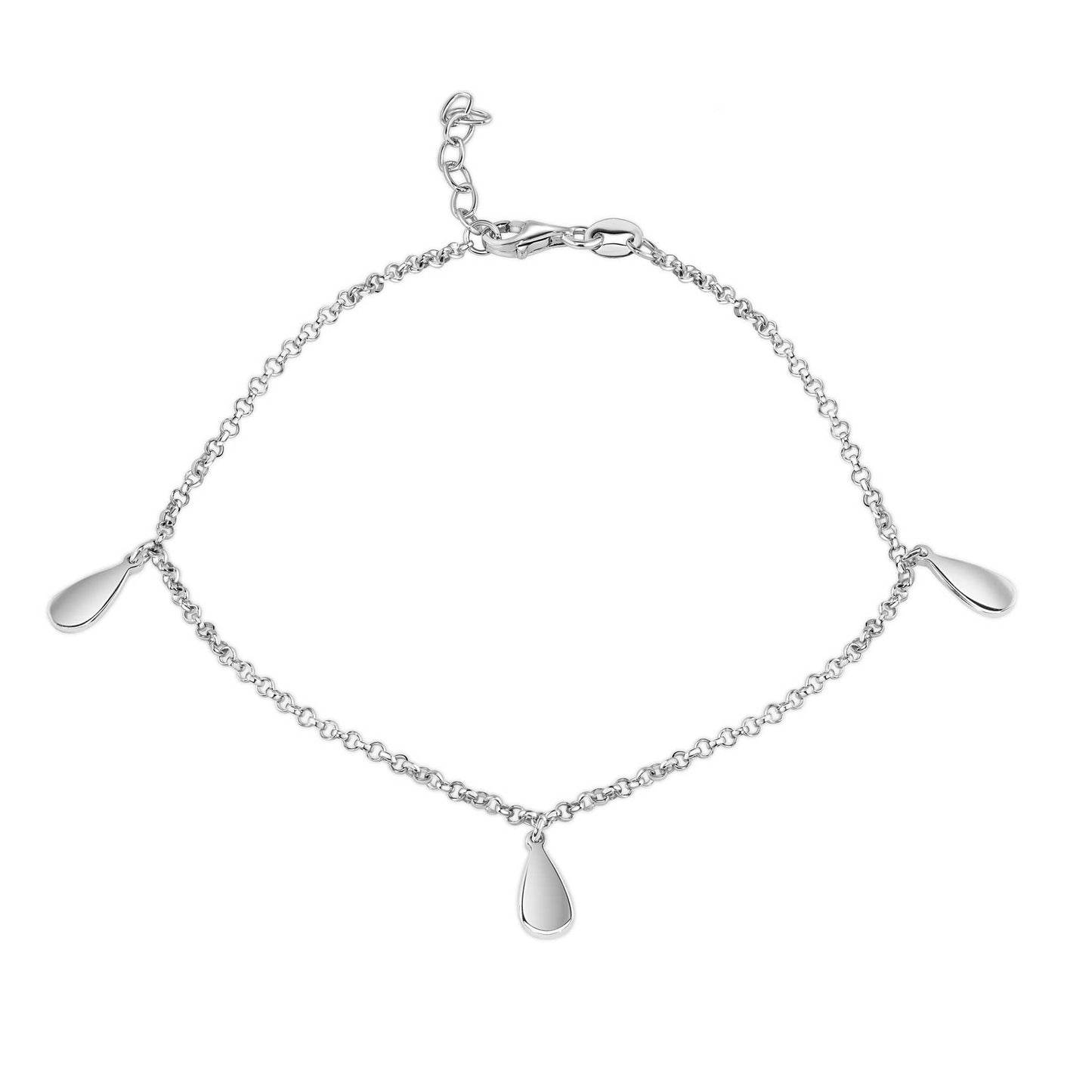 Rhodium Plated 925 Sterling Silver Rolo Teardrop Charm Adjustable Anklet - SOA00030