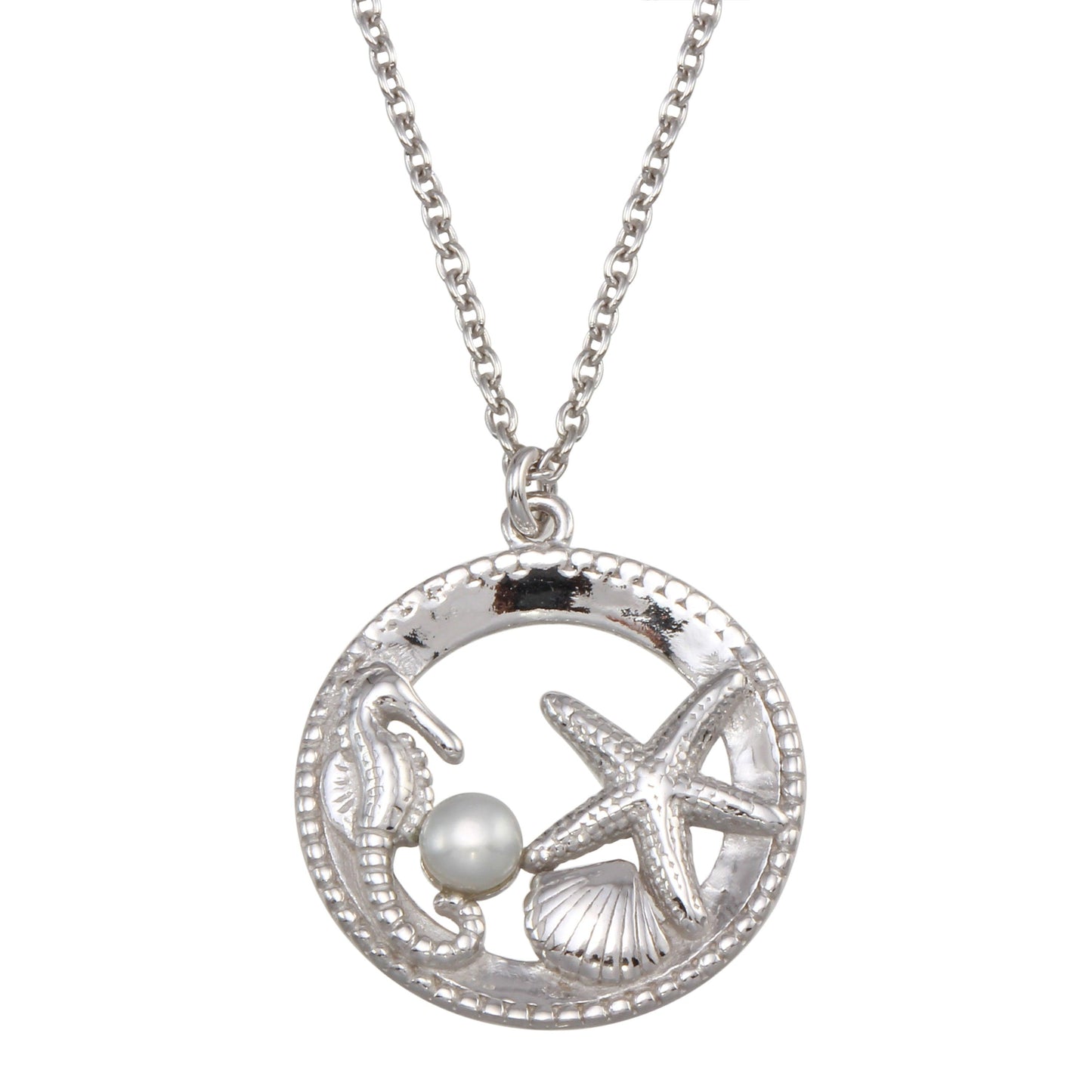 Rhodium Plated 925 Sterling Silver Seahorse, Starfish, Clam, and Pearl Pendant Necklace - SOP00159 | Silver Palace Inc.