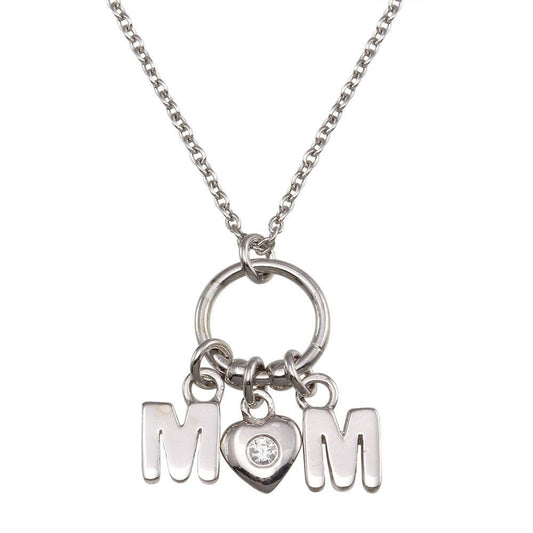 Rhodium Plated 925 Sterling Silver Mom Heart CZ Pendant Necklace - SOP00161 | Silver Palace Inc.
