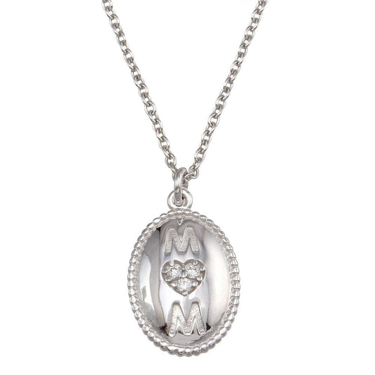 Rhodium Plated 925 Sterling Silver Oval Mom Heart CZ Pendant Necklace - SOP00167 | Silver Palace Inc.