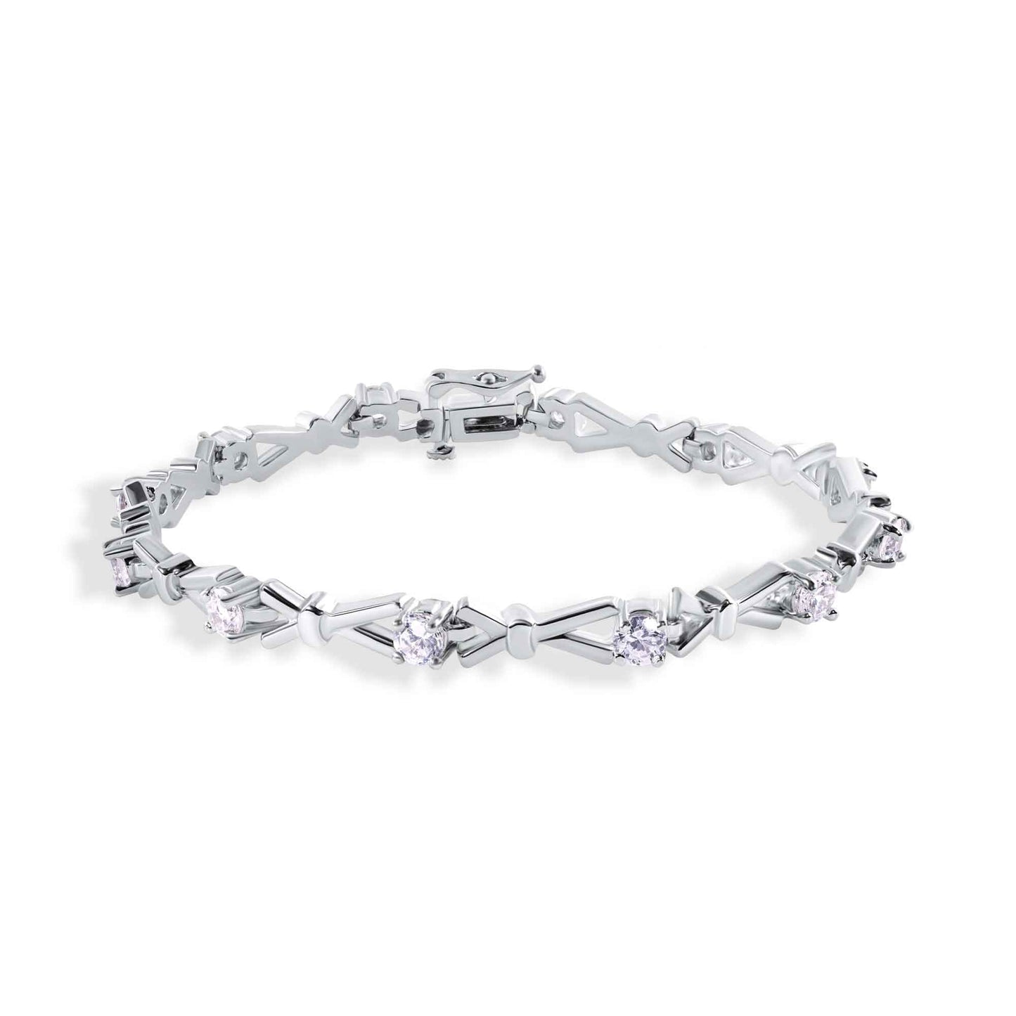 Rhodium Plated 925 Sterling Silver CZ X-link Fancy Bracelet - SPB00021