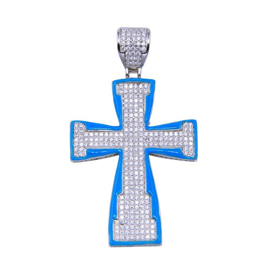 Rhodium Plated 925 Sterling Silver Blue Glow Enamel CZ Cross Pendant - SLP00282 | Silver Palace Inc.