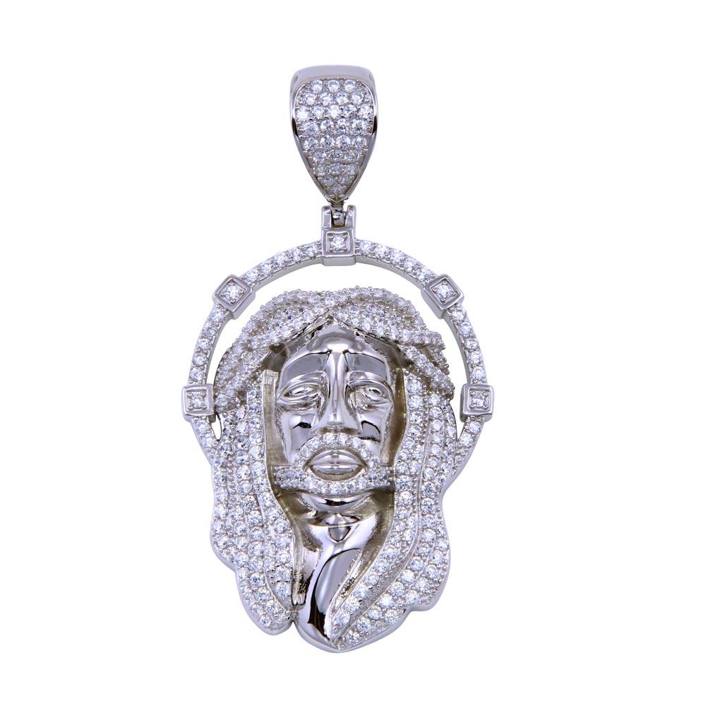 Rhodium Plated 925 Sterling Silver CZ Jesus Christ Pendant - SLP00283 | Silver Palace Inc.