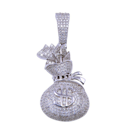 Rhodium Plated 925 Sterling Silver CZ Money Bag Pendant - SLP00298 | Silver Palace Inc.