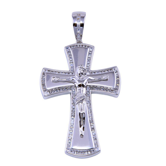 Rhodium Plated 925 Sterling Silver Baguette CZ Cross Pendant - SLP00314 | Silver Palace Inc.