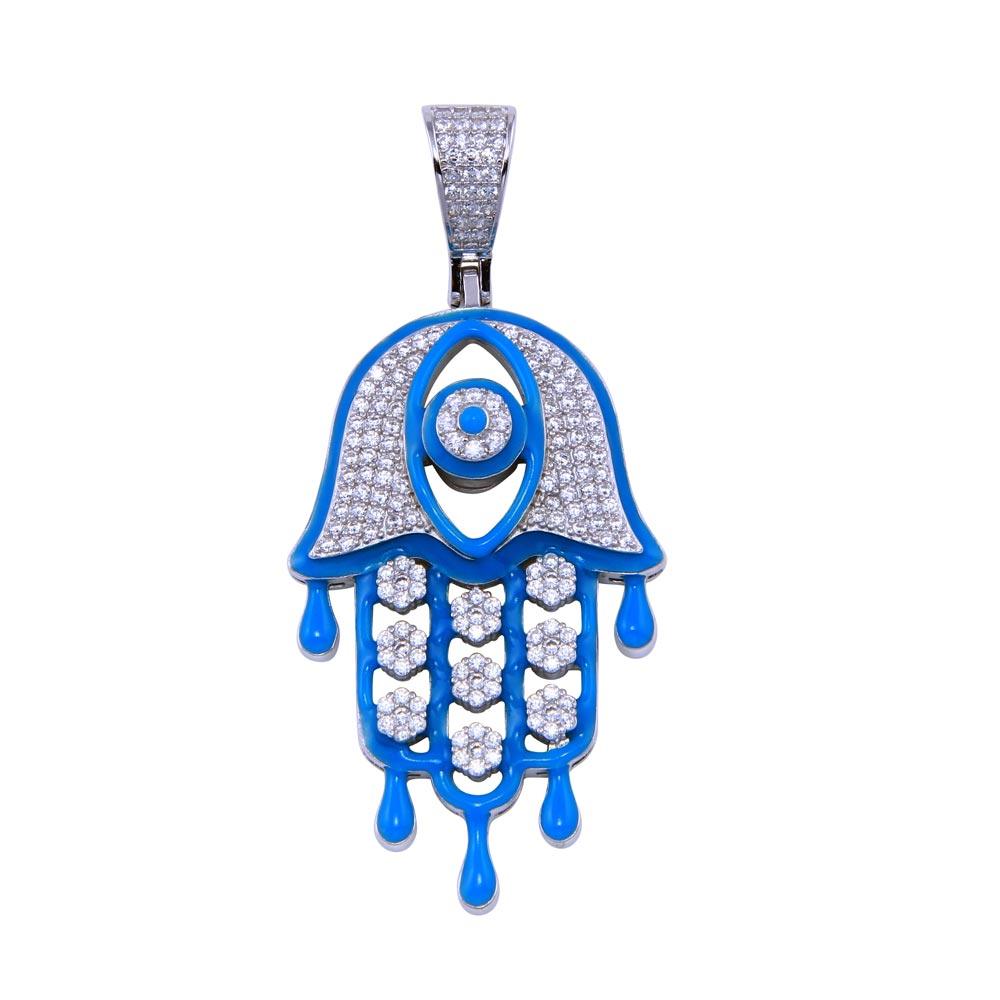 Rhodium Plated 925 Sterling Silver CZ Blue Glow Enamel Hamsa Hand Pendant - SLP00320 | Silver Palace Inc.