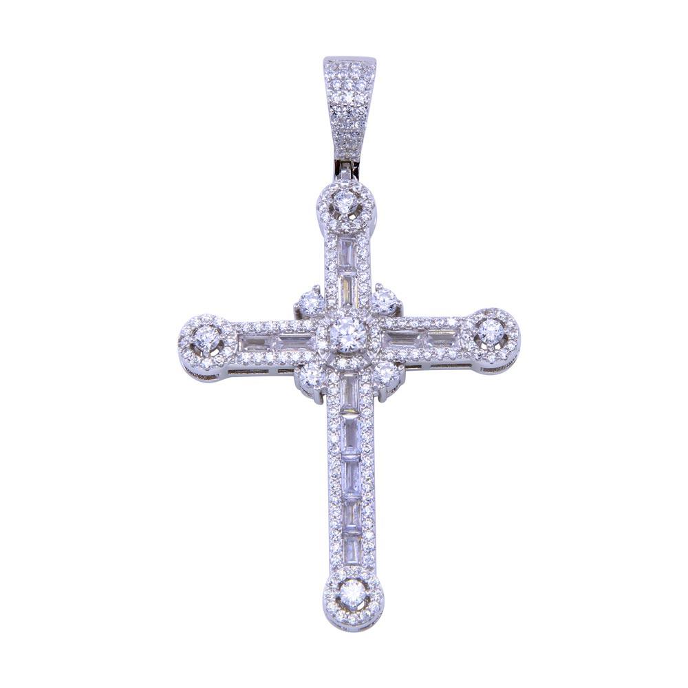 Rhodium Plated 925 Sterling Silver CZ Baguette Cross Pendant - SLP00322 | Silver Palace Inc.