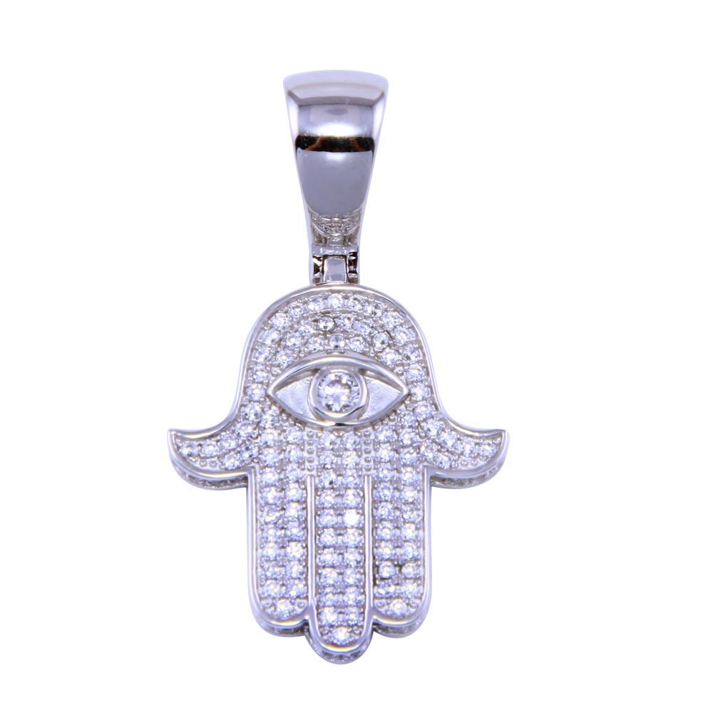 Rhodium Plated 925 Sterling Silver CZ Small Hamsa Pendant - SLP00333 | Silver Palace Inc.