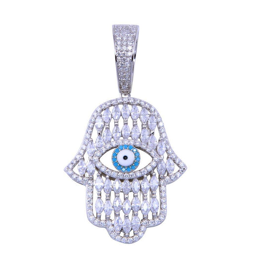 Rhodium Plated 925 Sterling Silver CZ Enamel Hamsa Hand Pendant - SLP00334 | Silver Palace Inc.