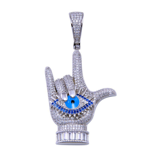 Rhodium Plated 925 Sterling Silver CZ Rock On Eye Pendant - SLP00337 | Silver Palace Inc.