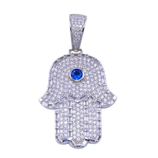 Rhodium Plated 925 Sterling Silver Blue CZ Center Hamsa Pendant - SLP00340 | Silver Palace Inc.