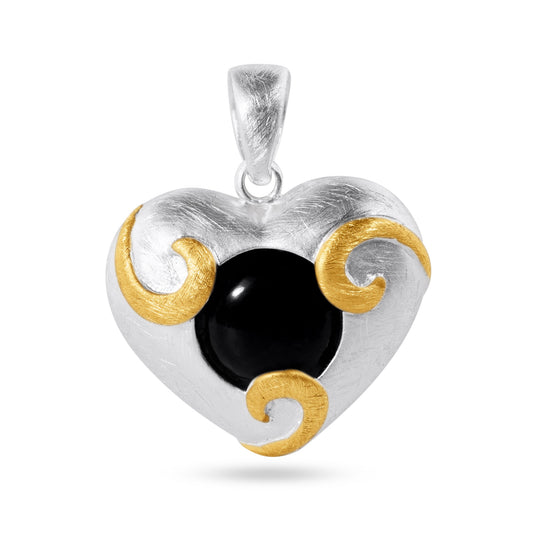 Sterling Silver Matte Finish 2 Toned Onyx Center Heart Pendant - SPP00023