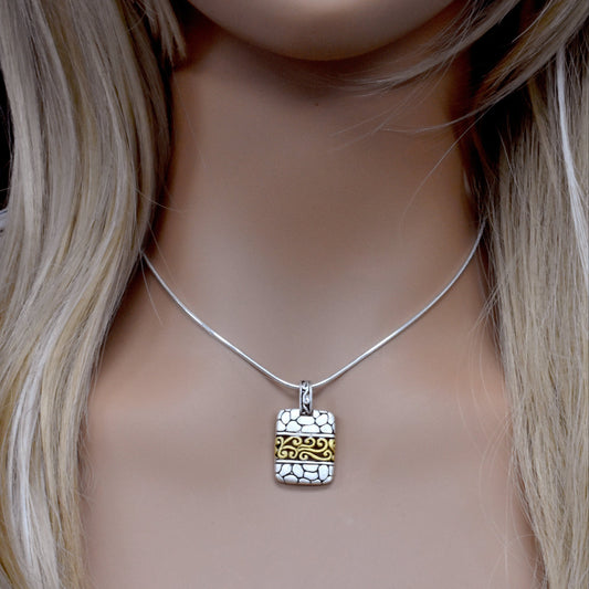 Clearance-Sterling Silver Matte Finish 2 Tone Rock & Filigree Bar Pendant -SPP00032