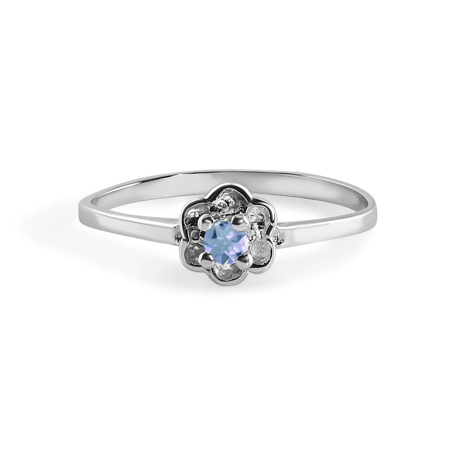 Rhodium Plated 925 Sterling Silver Dainty Birthstone Flower Ring- SPR00004