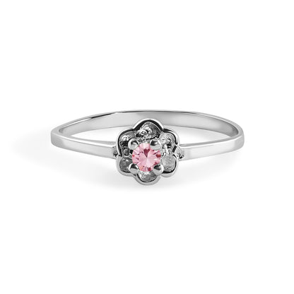 Rhodium Plated 925 Sterling Silver Dainty Birthstone Flower Ring- SPR00004