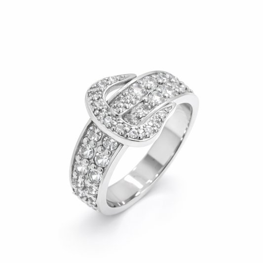 Clearance-Rhodium Plated 925 Sterling Silver Clear CZ Belt Ring - SPR00012