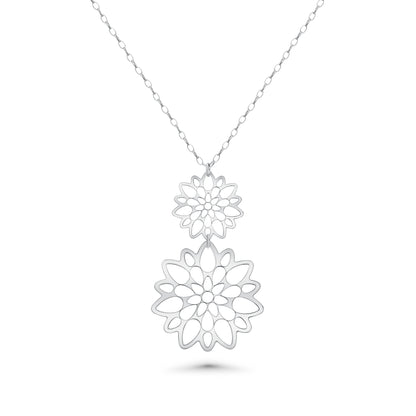 Rhodium Plated 925 Sterling Silver Double Cut Out Flower Earring and Necklace Set - SPS00100