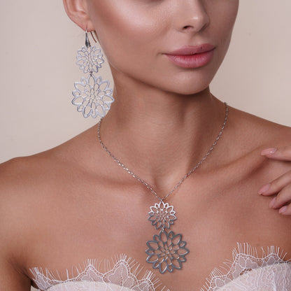 Rhodium Plated 925 Sterling Silver Double Cut Out Flower Earring and Necklace Set - SPS00100