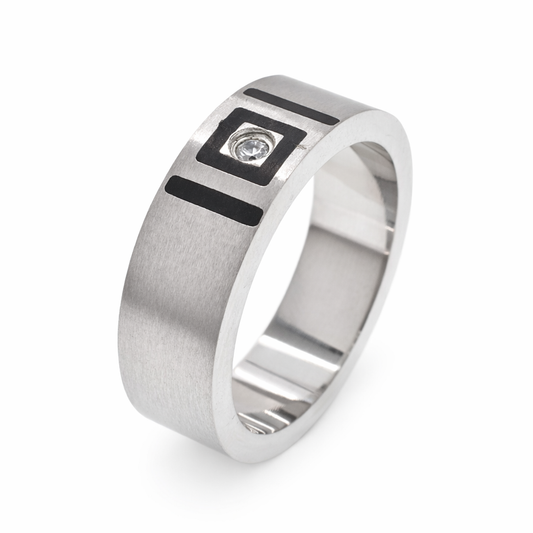 Rhodium Plated Stainless Steel Brushed Black Line Accent with CZ Men's Ring- SRB0030