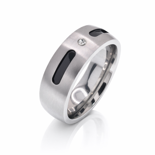 Rhodium Plated Stainless Steel Black Inlay Solitaire CZ Men's Ring- SRB038