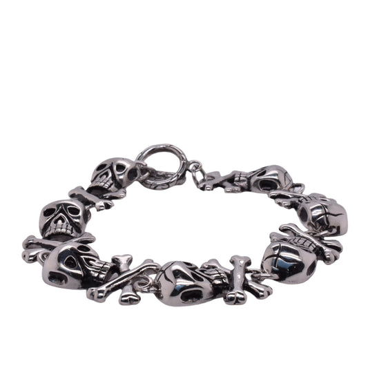 Stainless Steel Skull Crossbones Black Enamel 17mm T-Bar Lock Bracelet - SSB00188