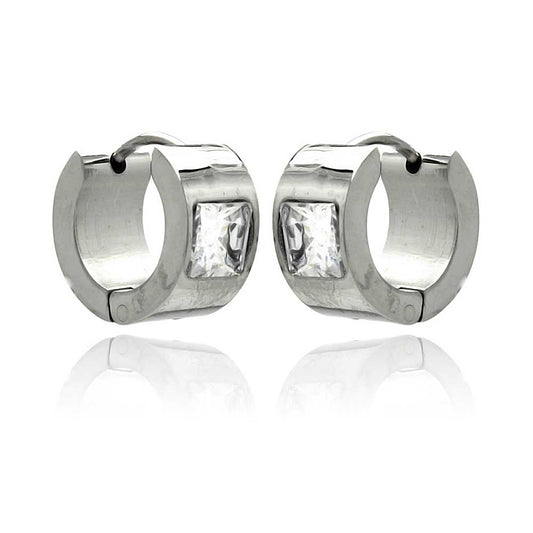 Rhodium Plated Stainless Steel Solitaire Cubic Zirconia Huggie Hoop Earrings - SSE00070