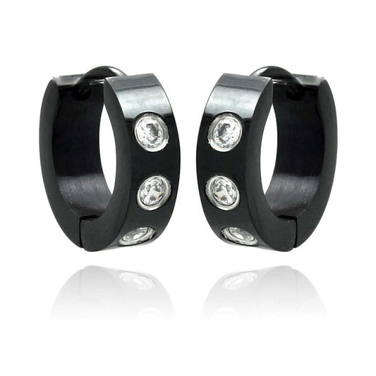 Black Rhodium Plated Stainless Steel 3 Cubic Zirconia Huggie Hoop Earrings - SSE00073