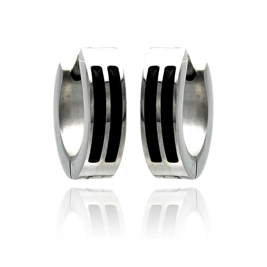 Rhodium Plated Stainless Steel Thin Black Enamel Lined Huggie Hoop Earrings - SSE00078