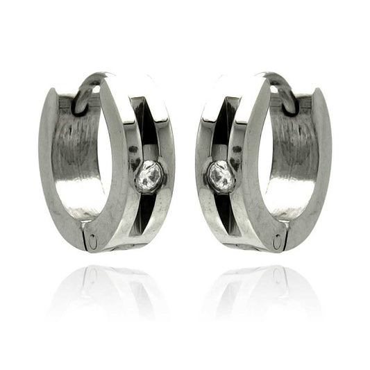 Rhodium Plated Stainless Steel Matte CZ Huggie Hoop Earrings - SSE00079