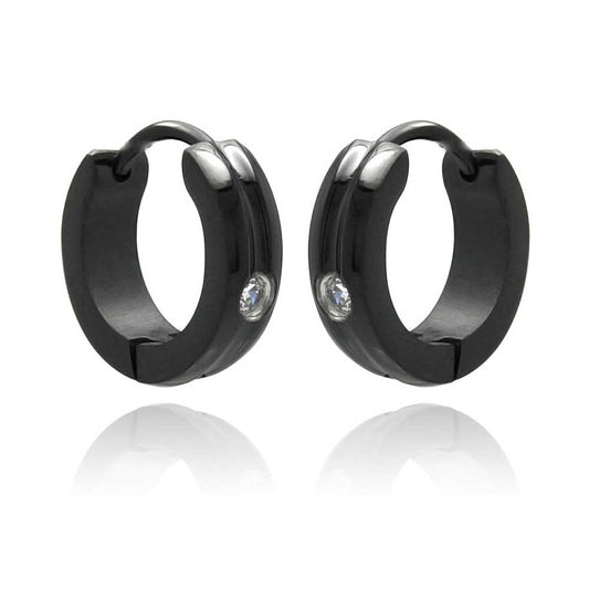 Black Rhodium Plated Stainless Steel Solitaire CZ Huggie Hoop Earrings - SSE00080